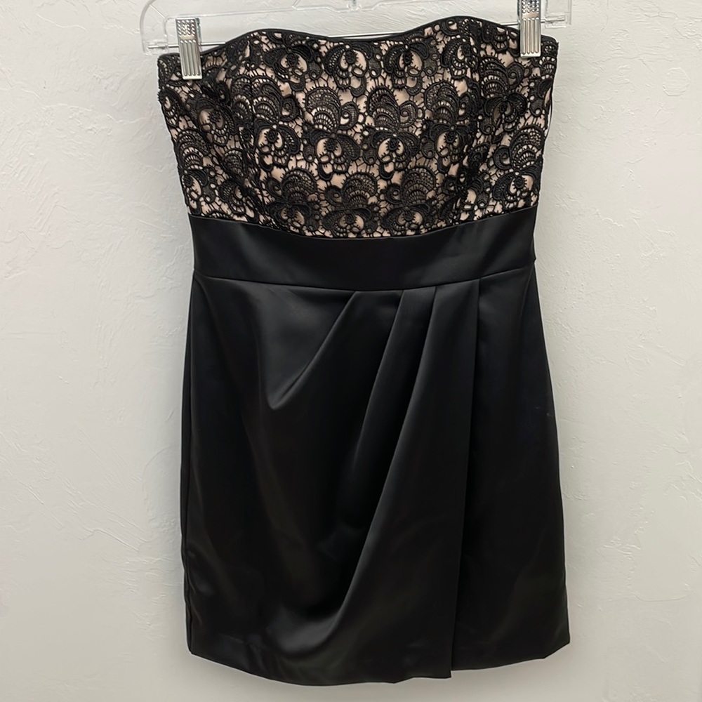 WHBM Black Strapless Dress Satin Lace Sz 0